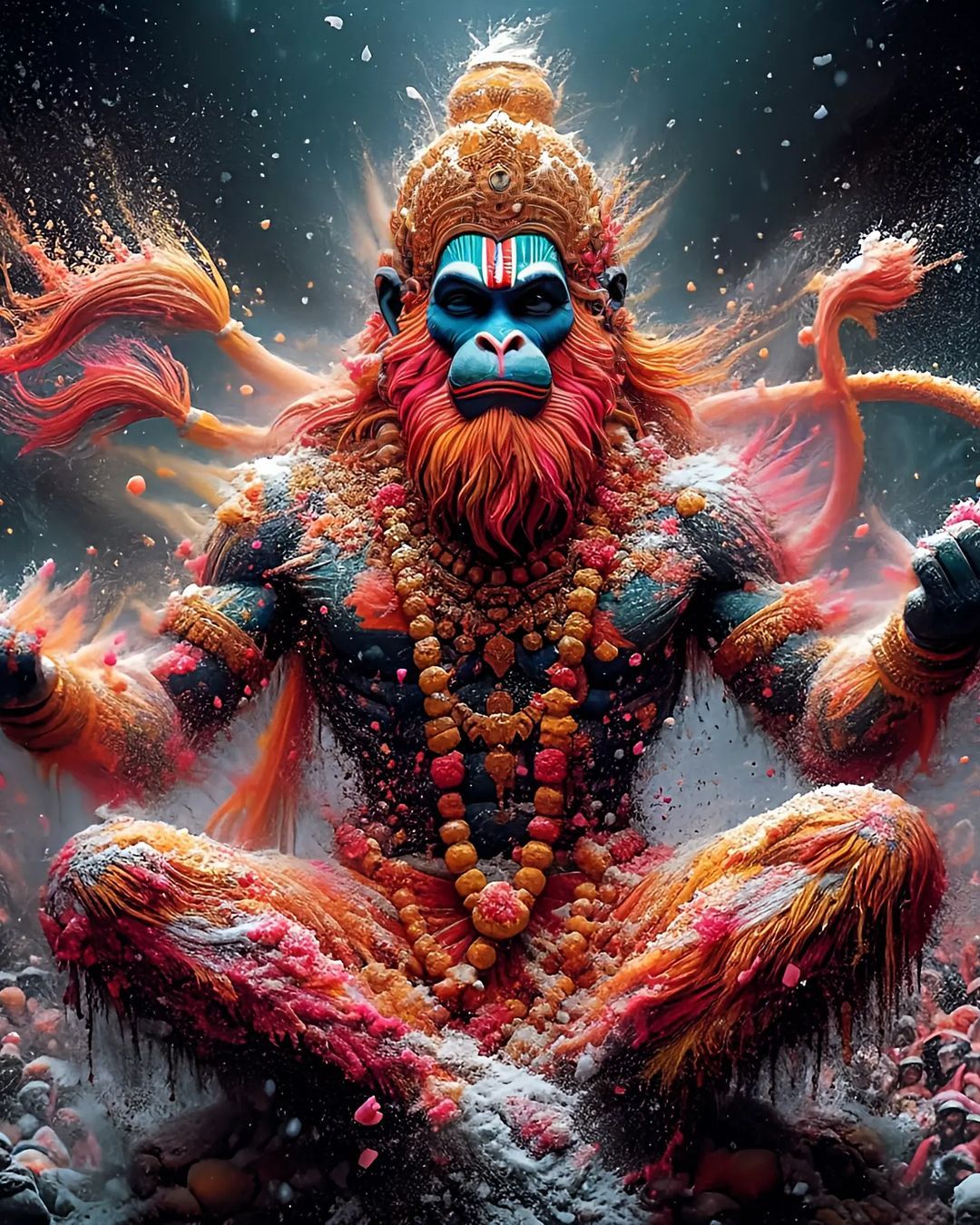 Powerful Hanuman emerging from flower petals
