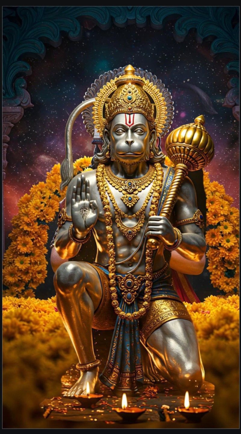 Powerful Hanuman with mace and flowers
