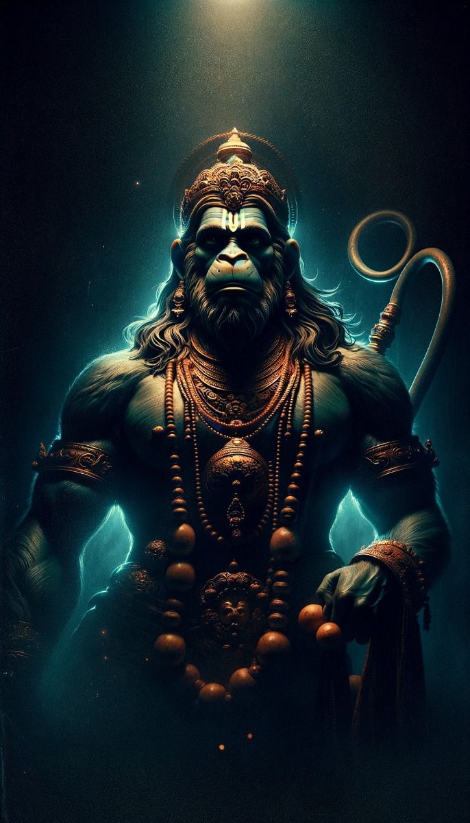 Powerful Hanuman with mace, divine protector.