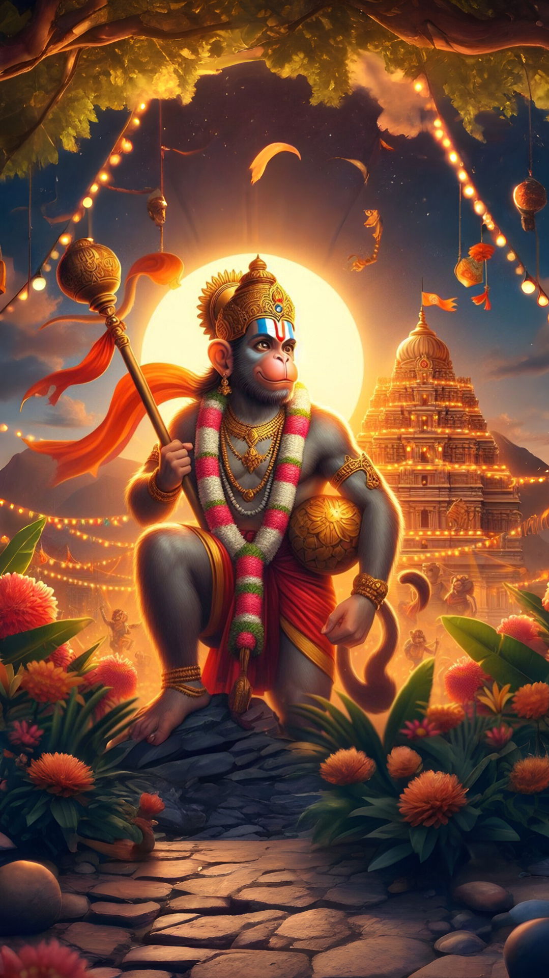 Hanuman guarding a temple at night