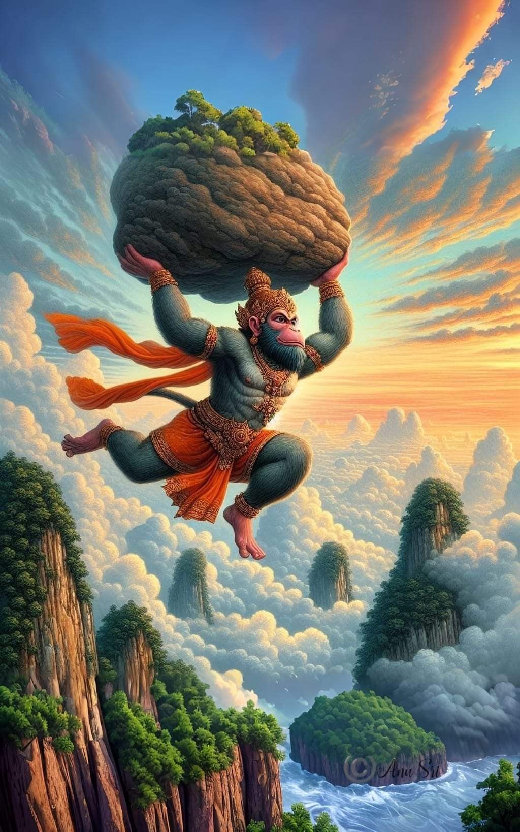Hanuman carrying mountain during Ramayana