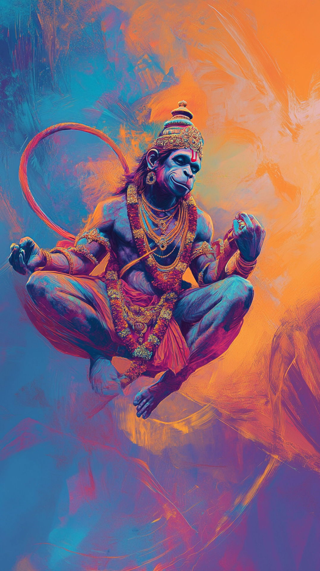 Hanuman poised for flight, vibrant artwork.