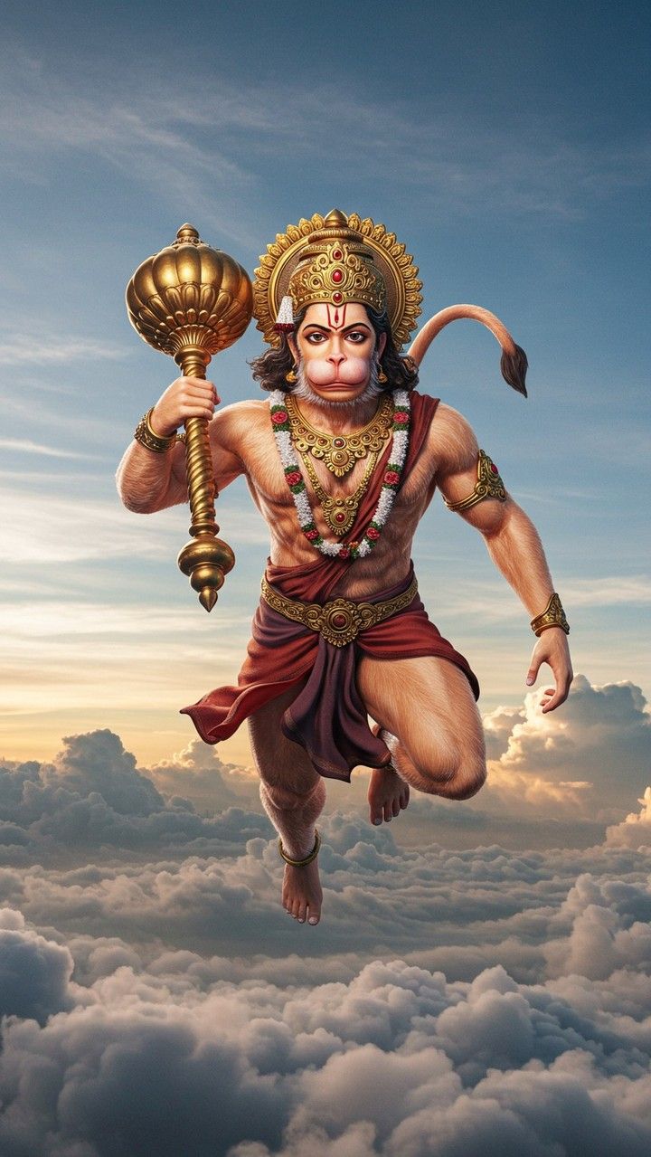 Hanuman flying with his mace