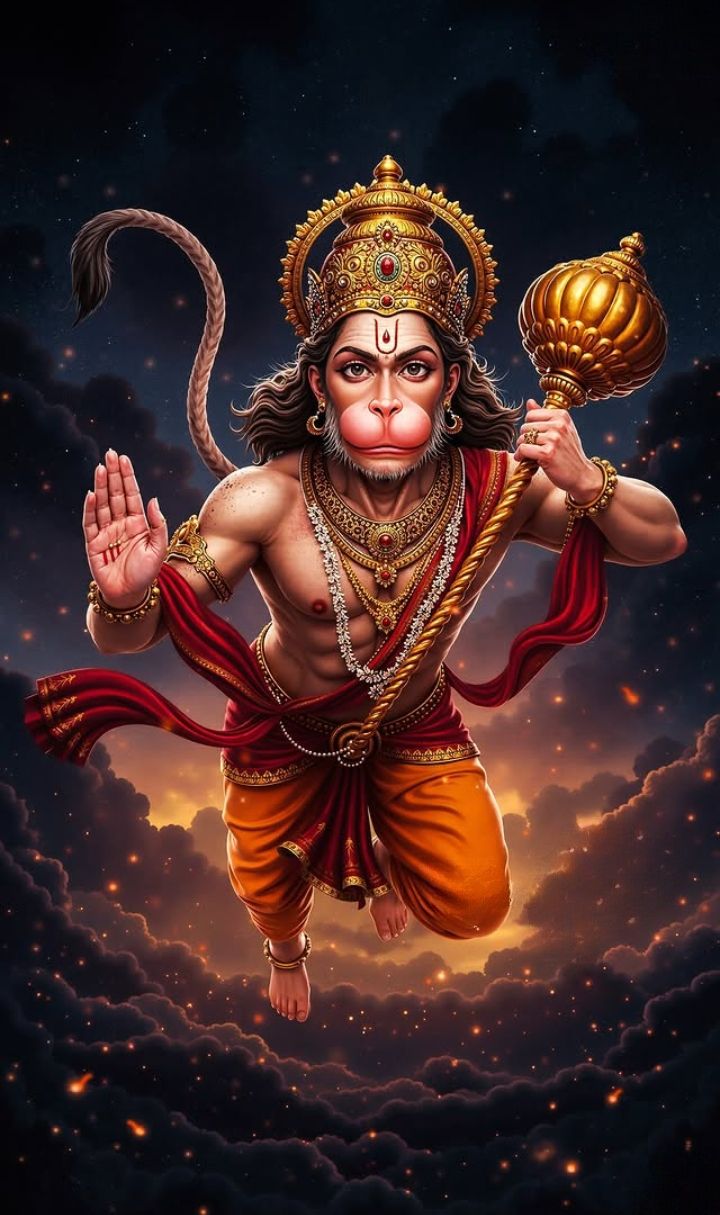 Hanuman leaps through the starry sky