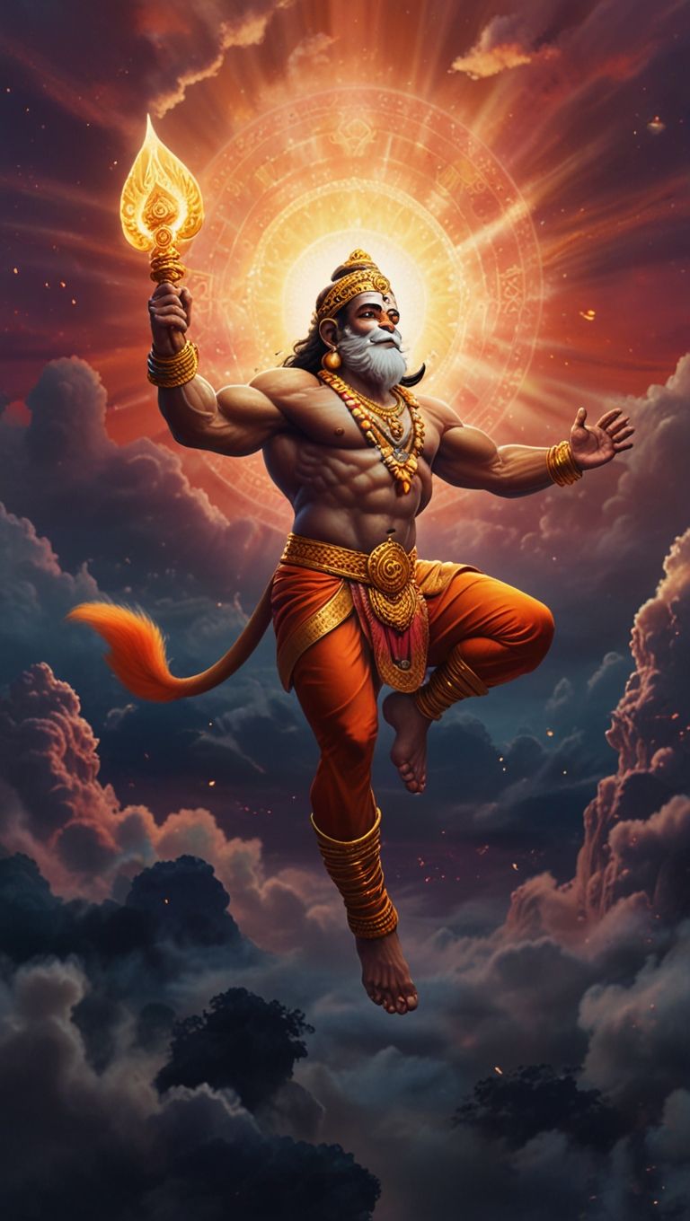 Hanuman leaping through a fiery sky.