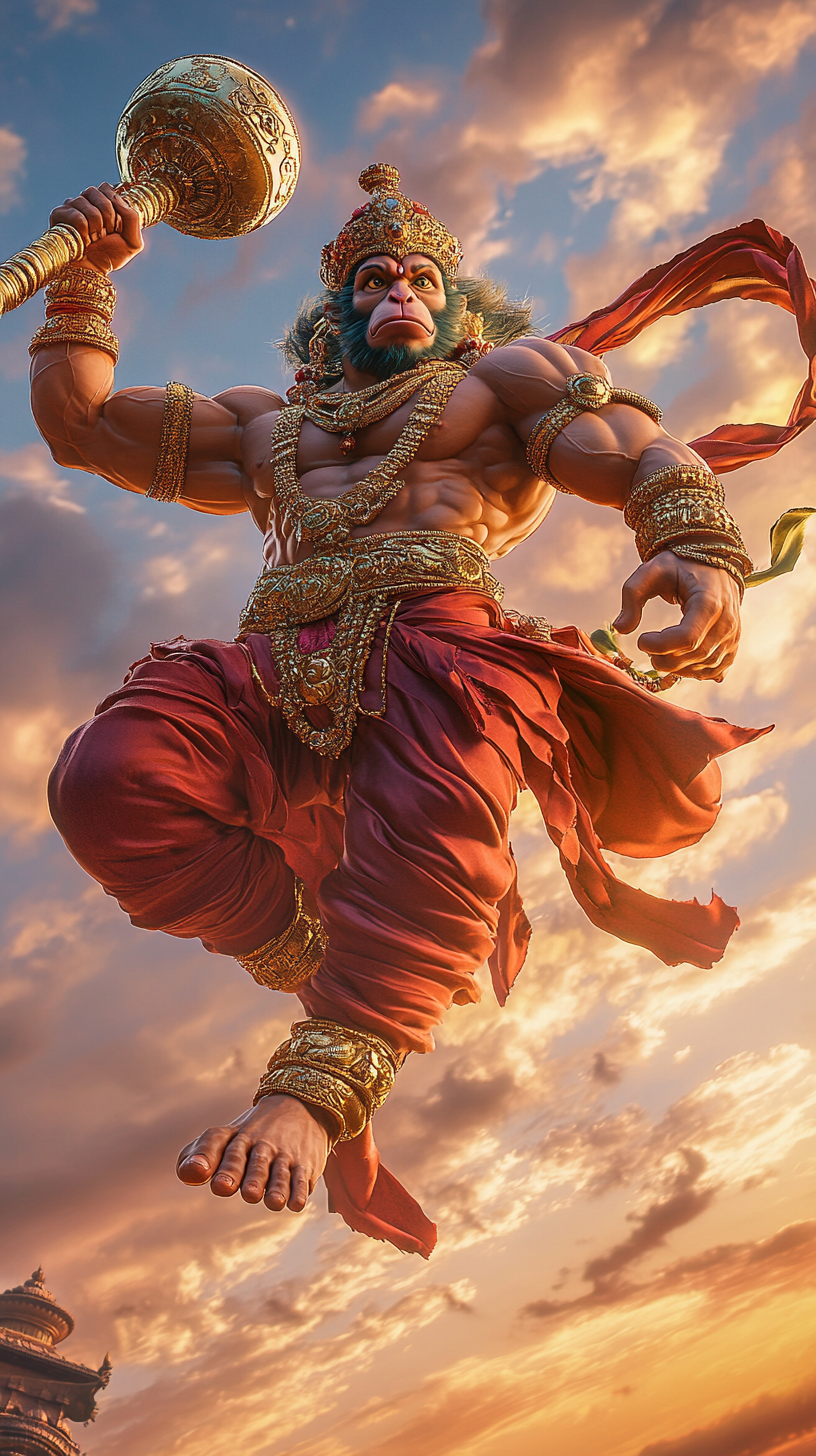 Hanuman leaps with his mace