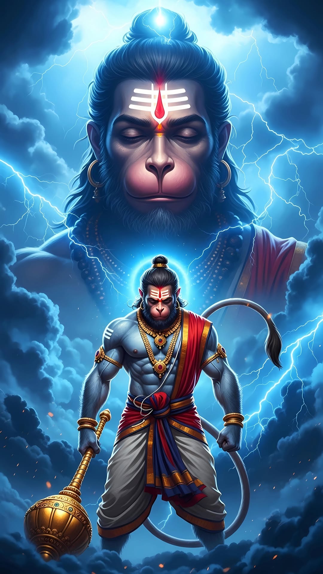 Hanuman stands powerfully amidst a storm.