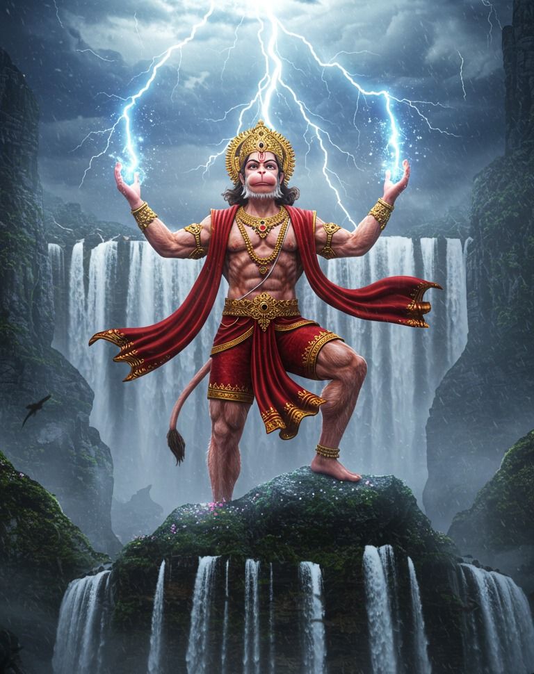 Hanuman controls lightning amidst waterfalls