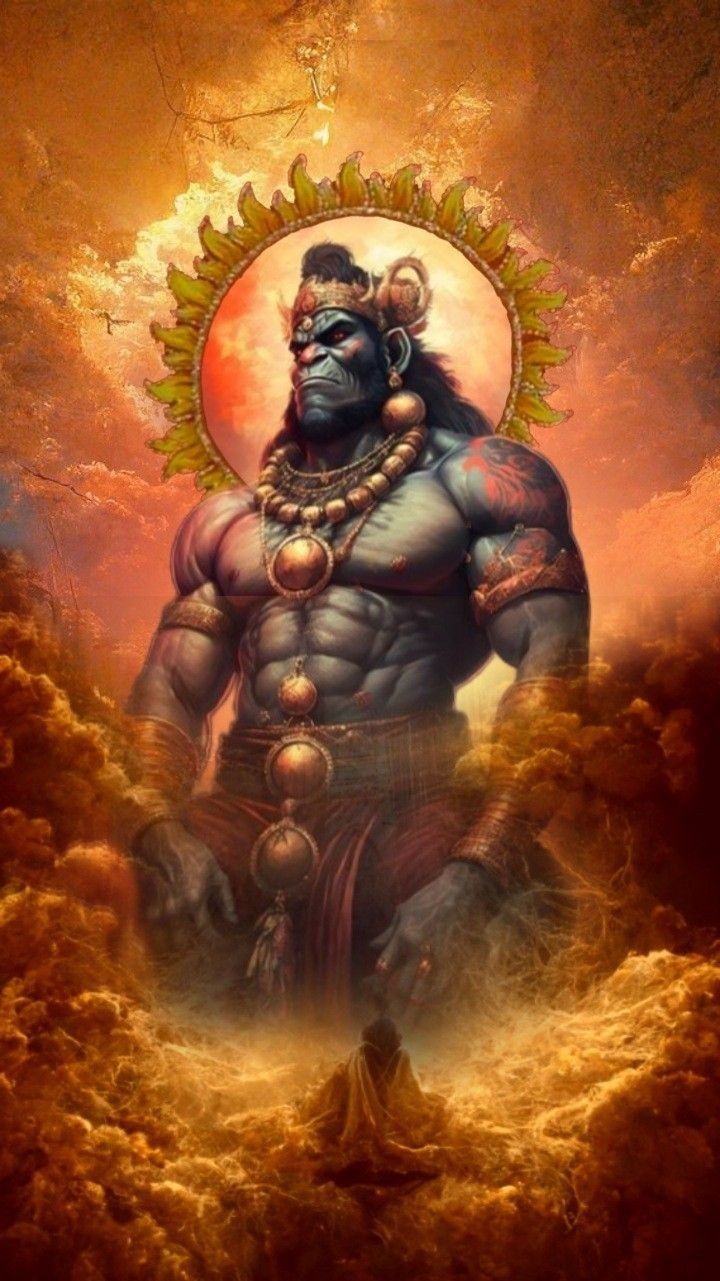Powerful Hanuman with halo and mace.