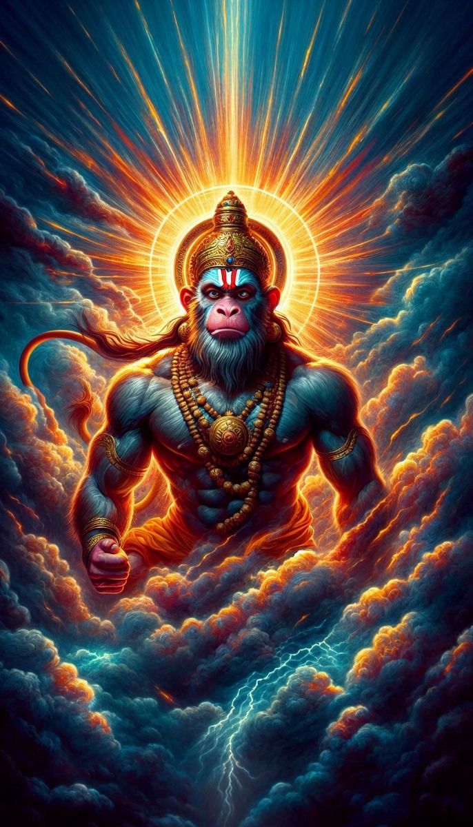 Powerful Hanuman emerging from cosmic clouds