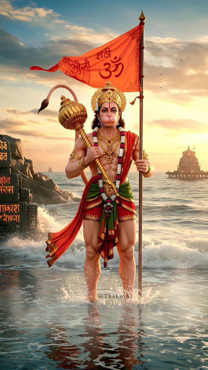 Hanuman stands powerfully by the sea
