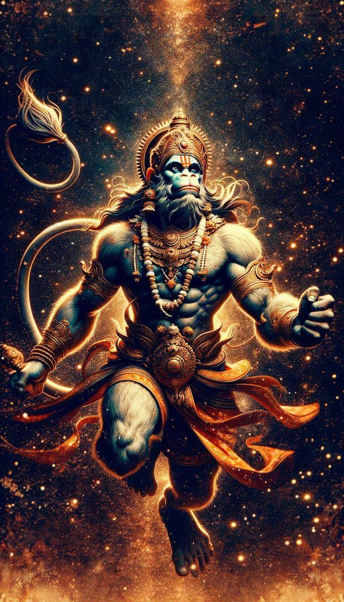 Powerful Hanuman leaps through starry cosmos