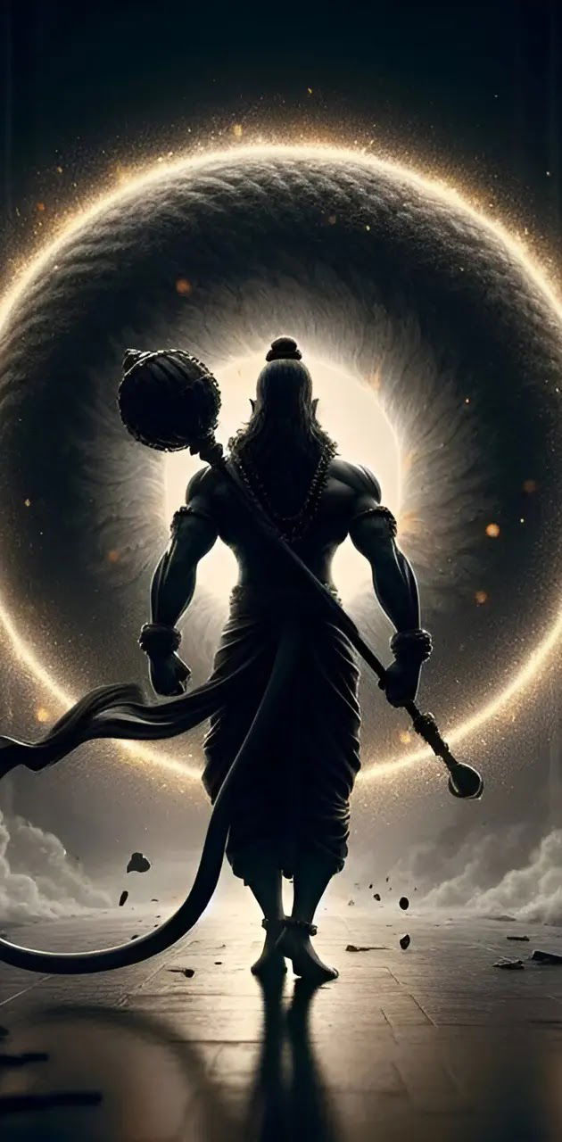 Hanuman standing with mace, cosmic background
