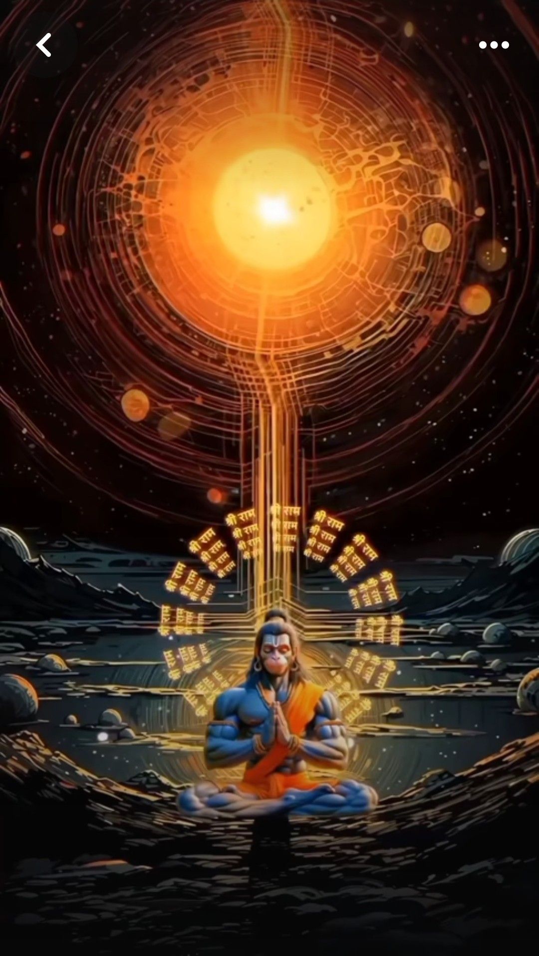Hanuman meditating in a cosmic landscape