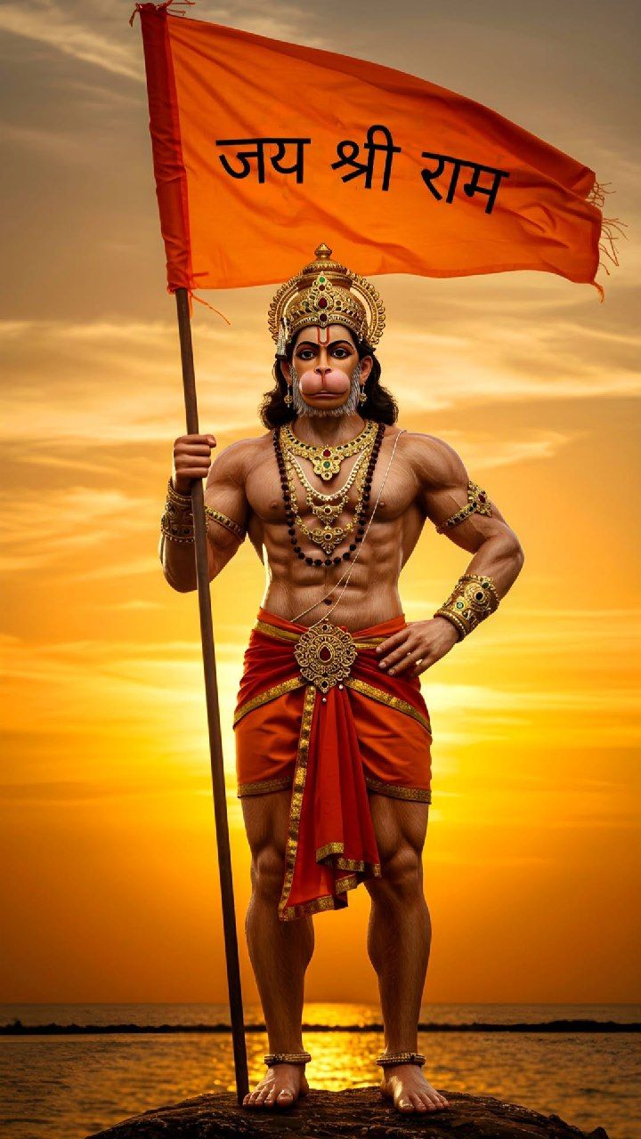 Hanuman standing with Jai Shri Ram flag