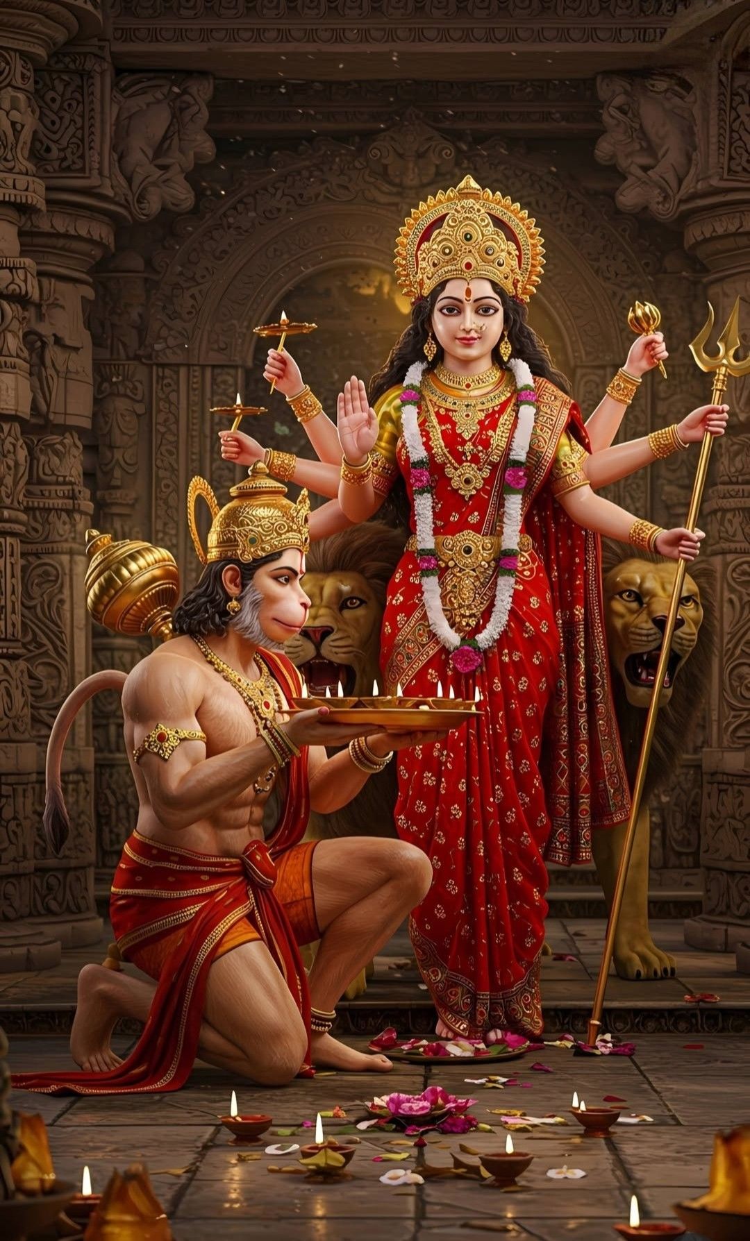 Hanuman offering light to Durga Maa
