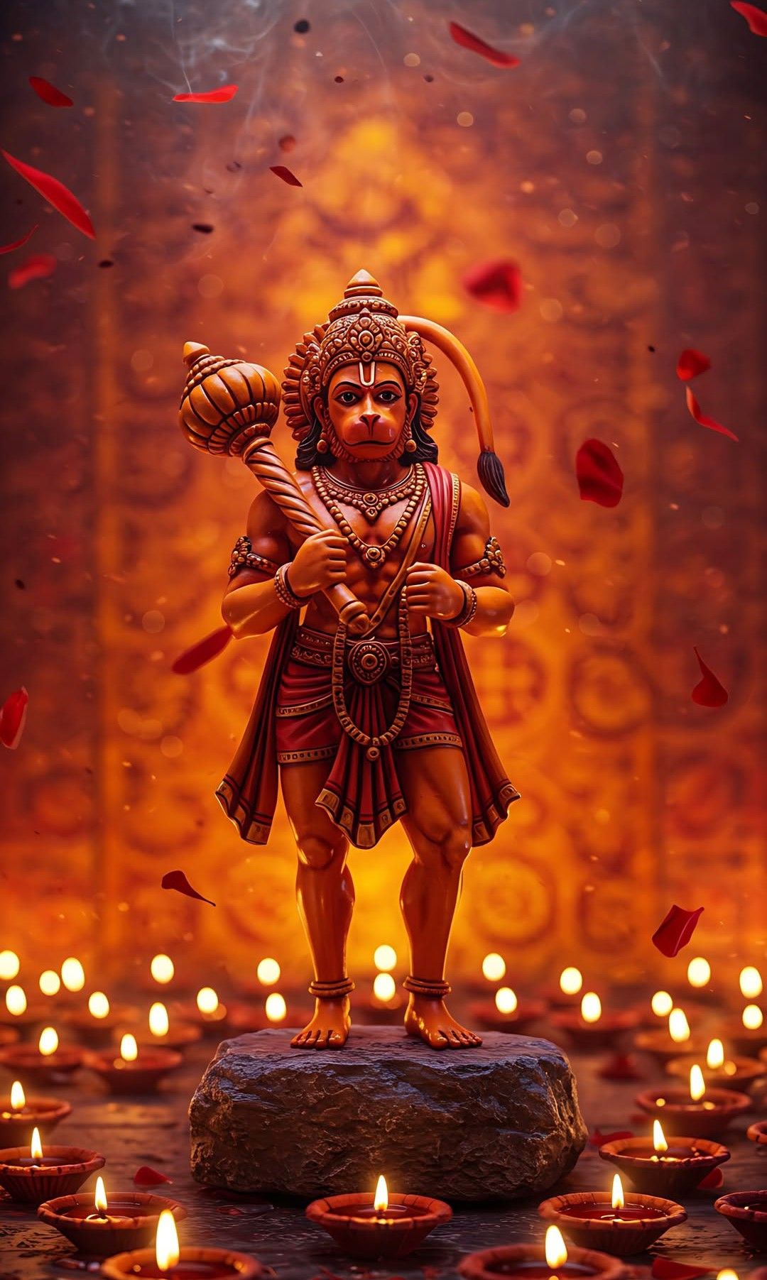 Hanuman stands amidst glowing diyas