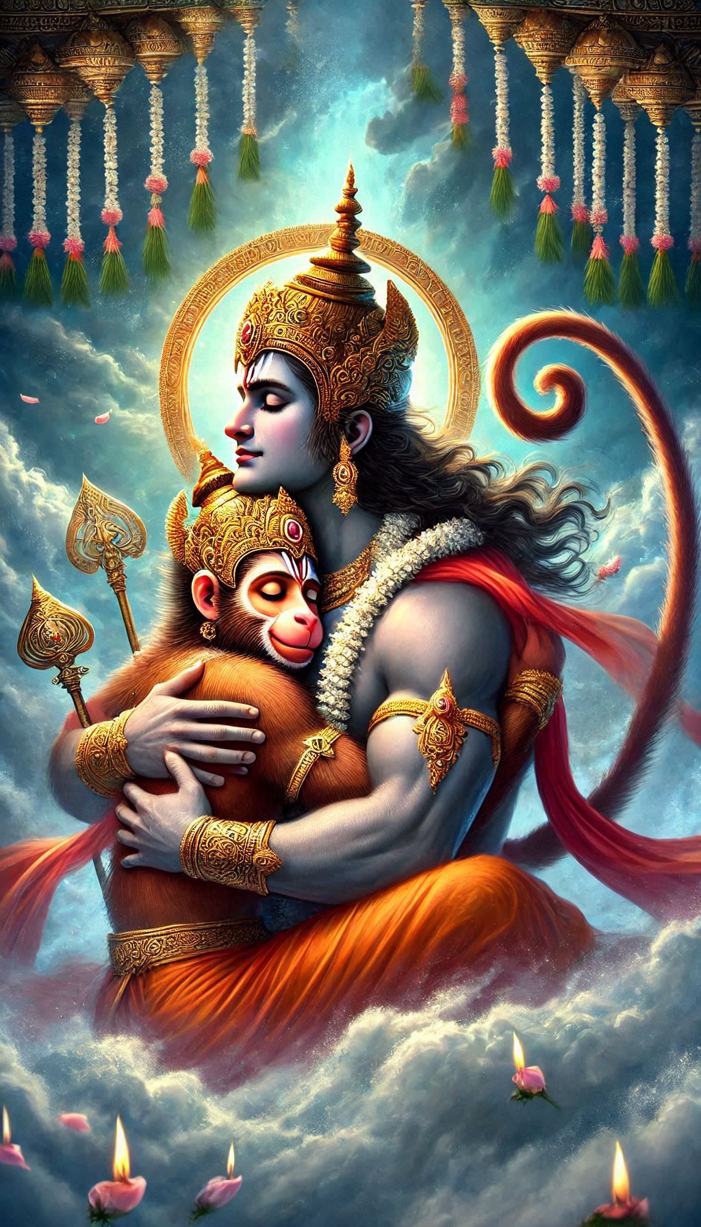Hanuman embracing a monkey in clouds