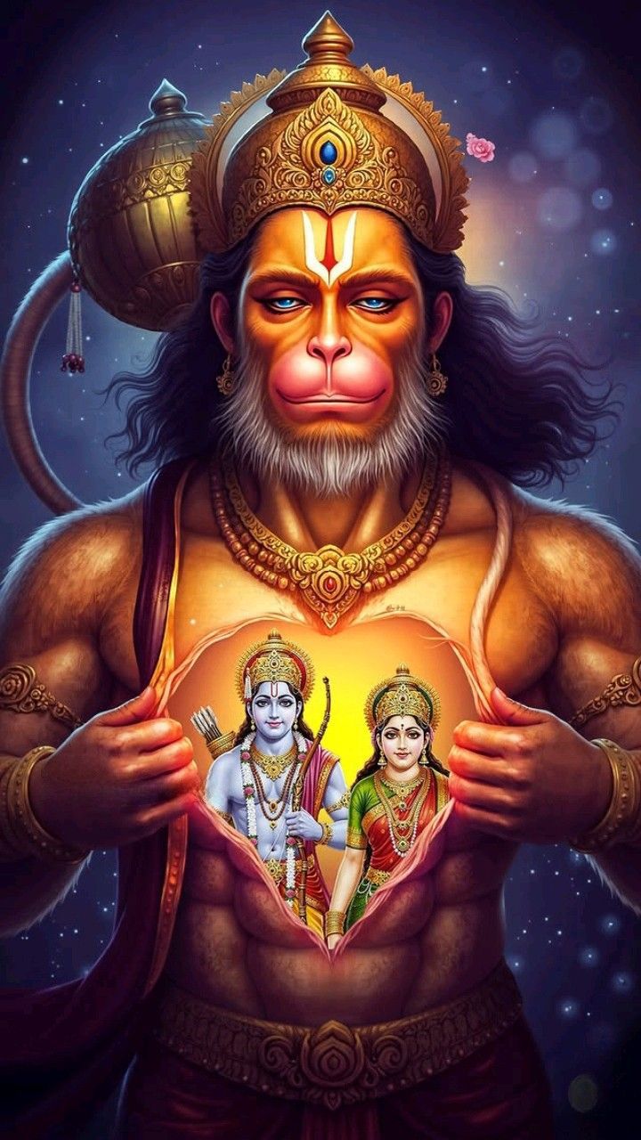 Hanuman holding Ram and Sita