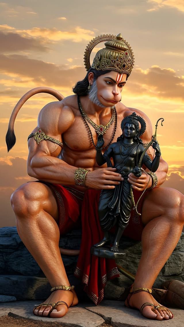 Hanuman lovingly holds Lord Ram statue