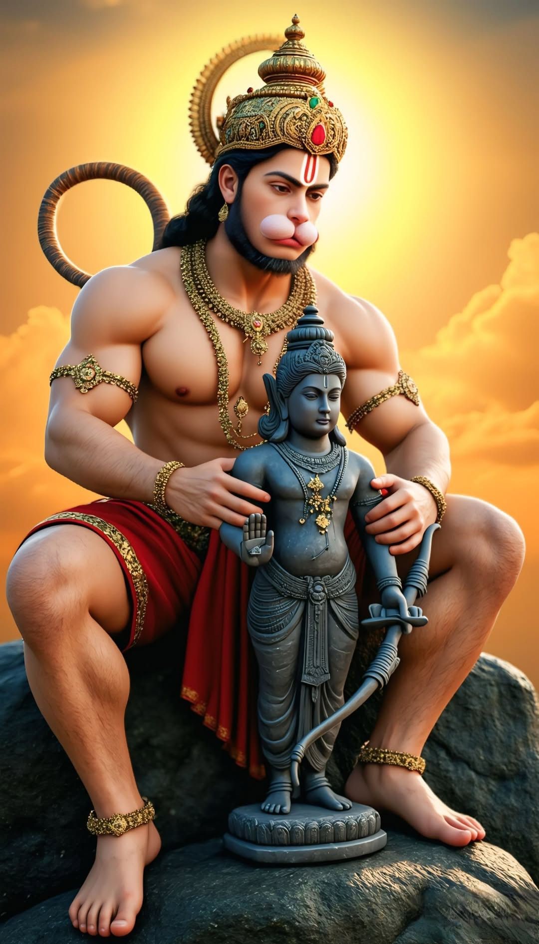 Hanuman lovingly holds Ram statue