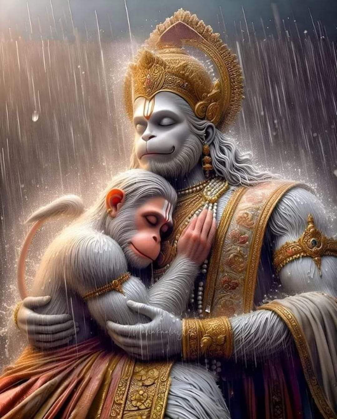 Hanuman embracing a young monkey