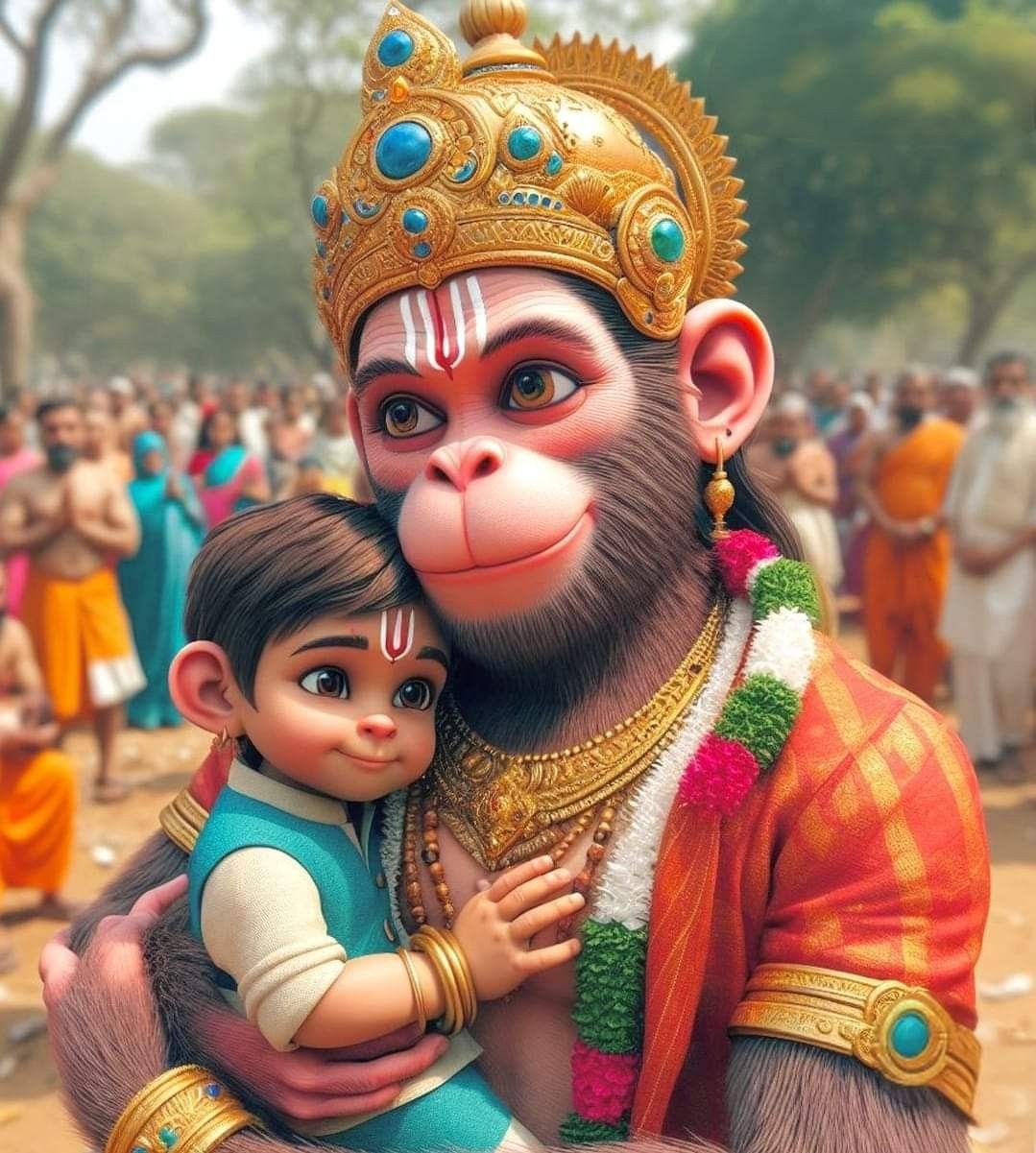 Hanuman tenderly holding a child.