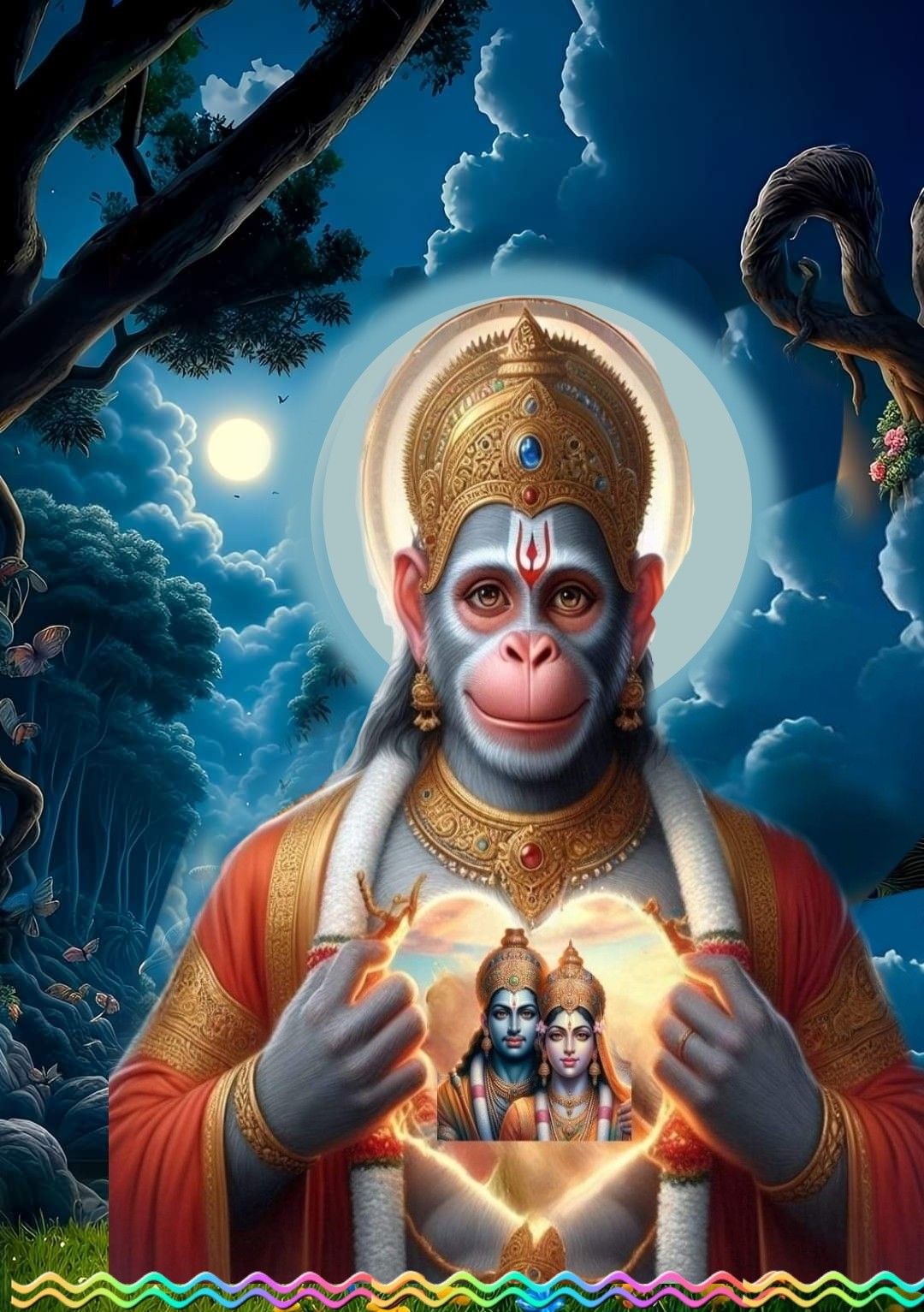 Hanuman holds Ram and Sita