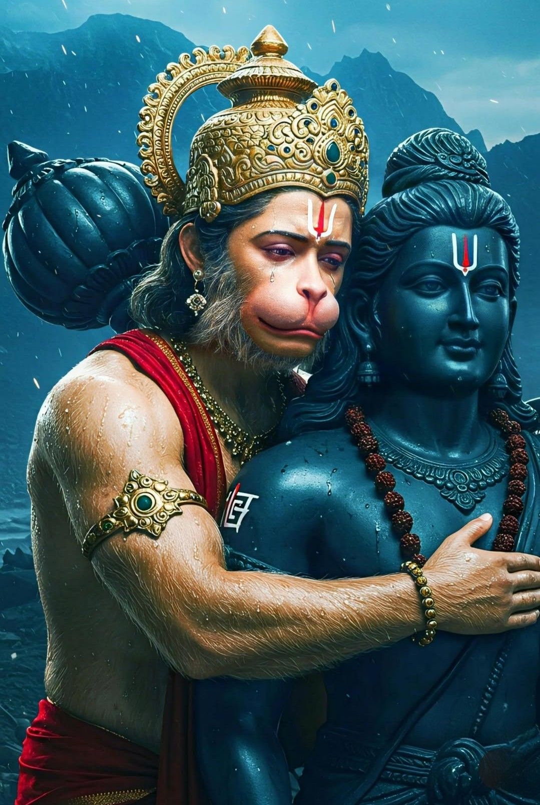 Powerful Hanuman embracing a mountain.