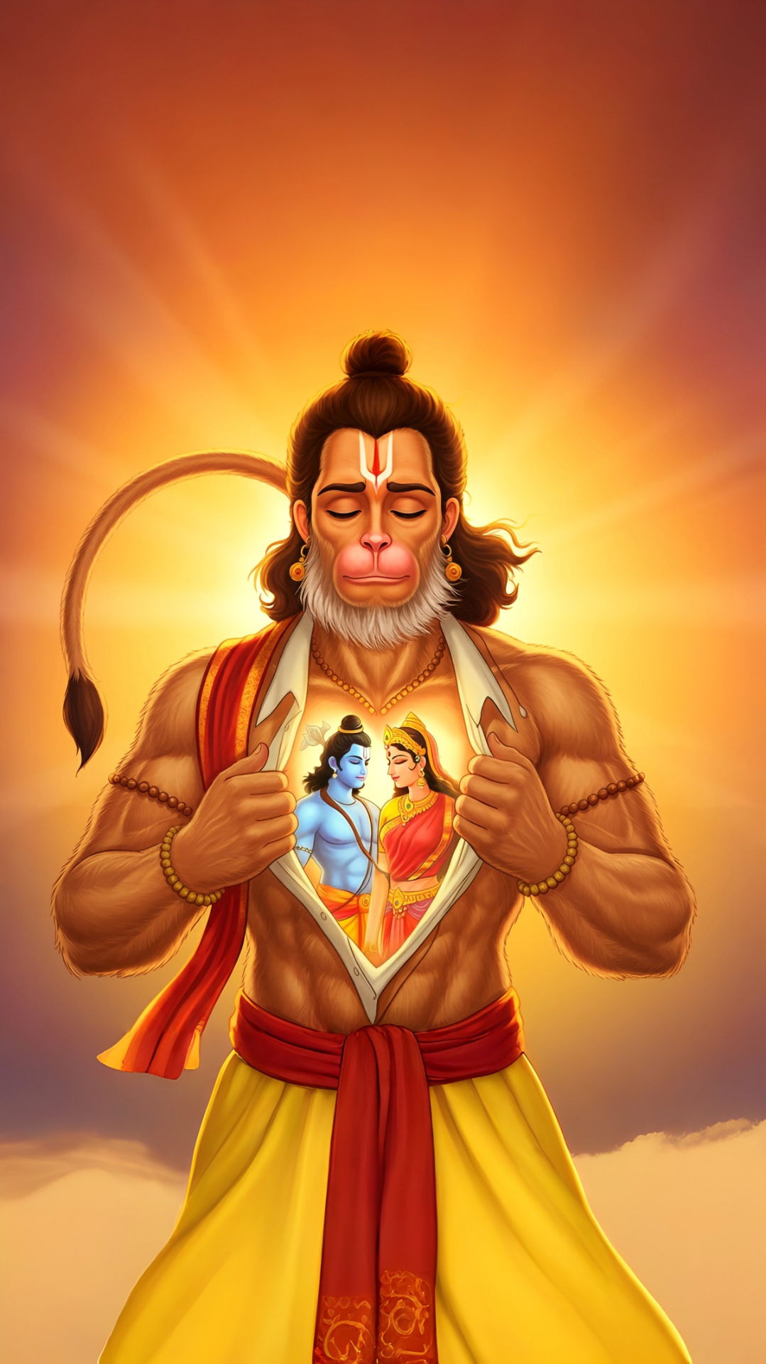 Hanuman holding Ram and Sita