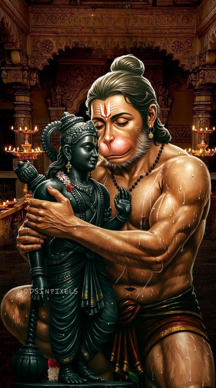 Hanuman embracing Lord Rama in temple.