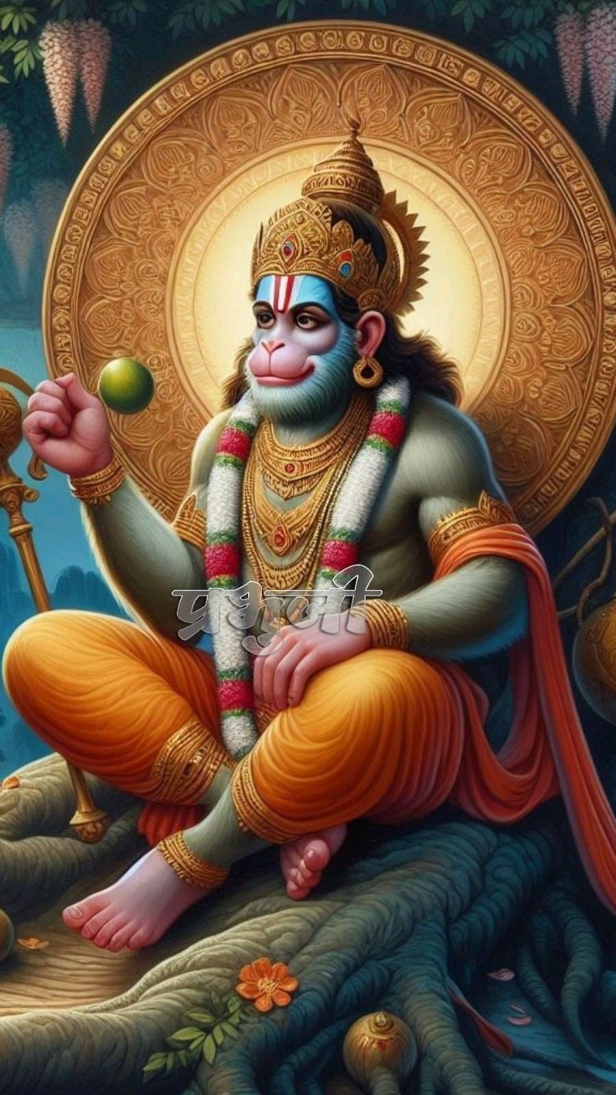 Hanuman sitting with emerald, divine portrait.