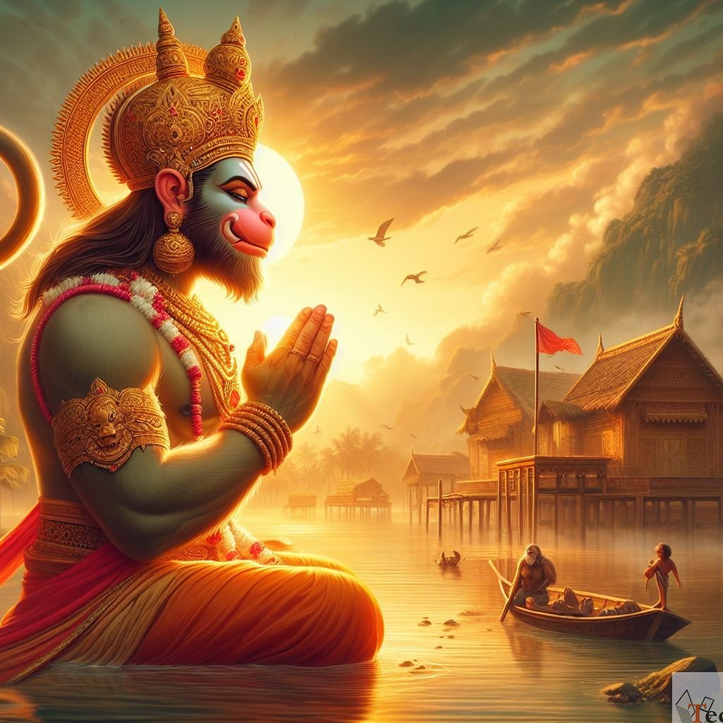 Hanuman in prayer at sunset