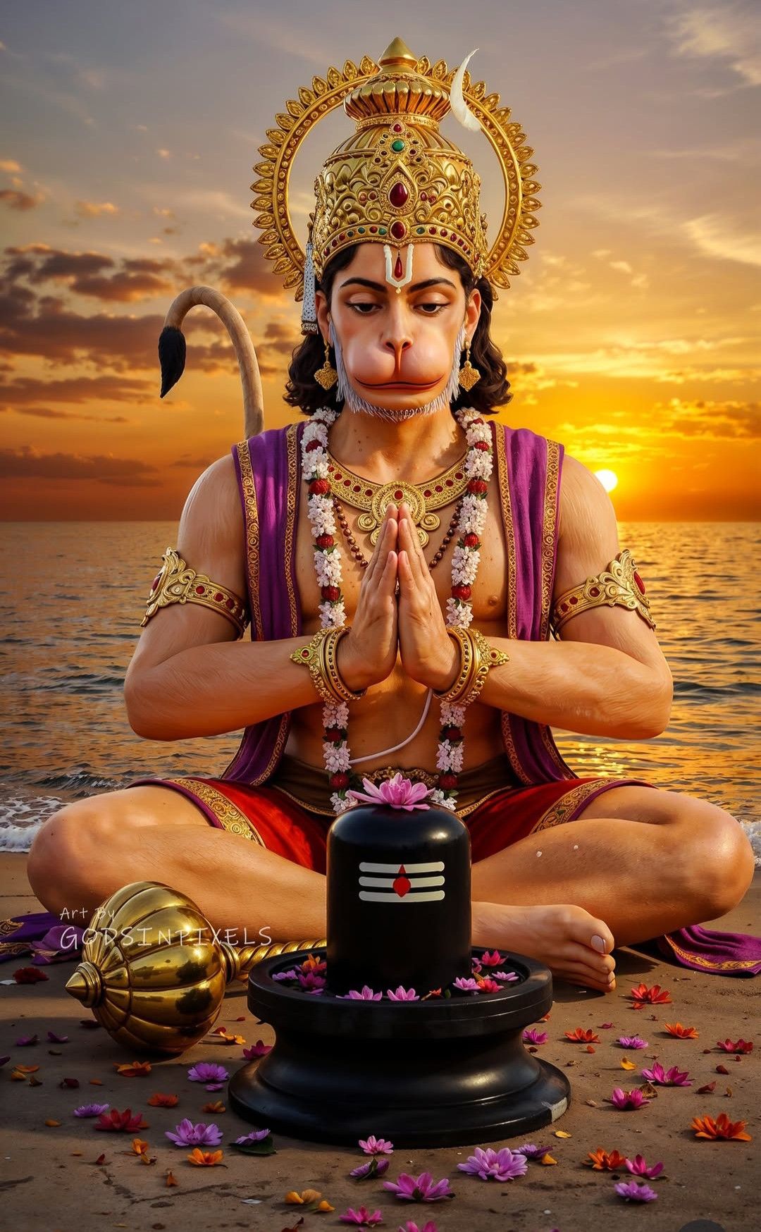 Hanuman prays before Shiva Lingam