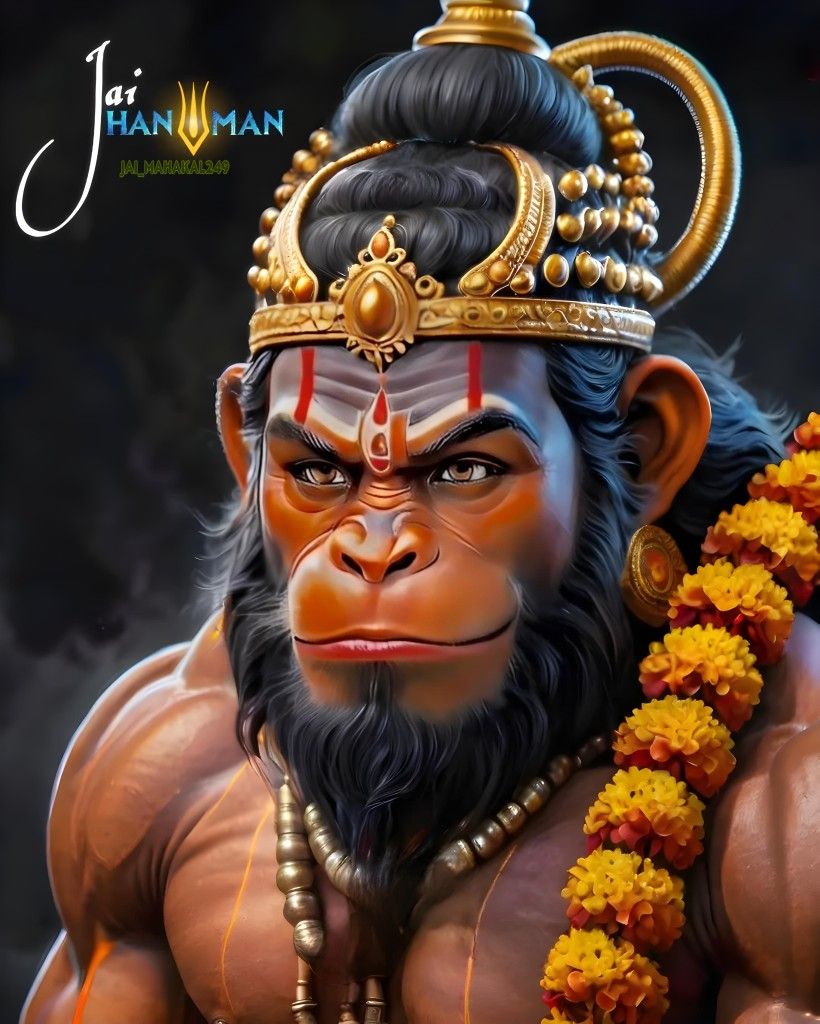 Fierce Hanuman portrait with floral garland