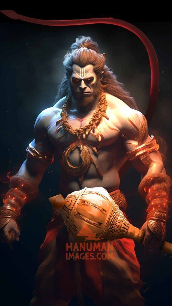 Powerful Hanuman holding his mace.
