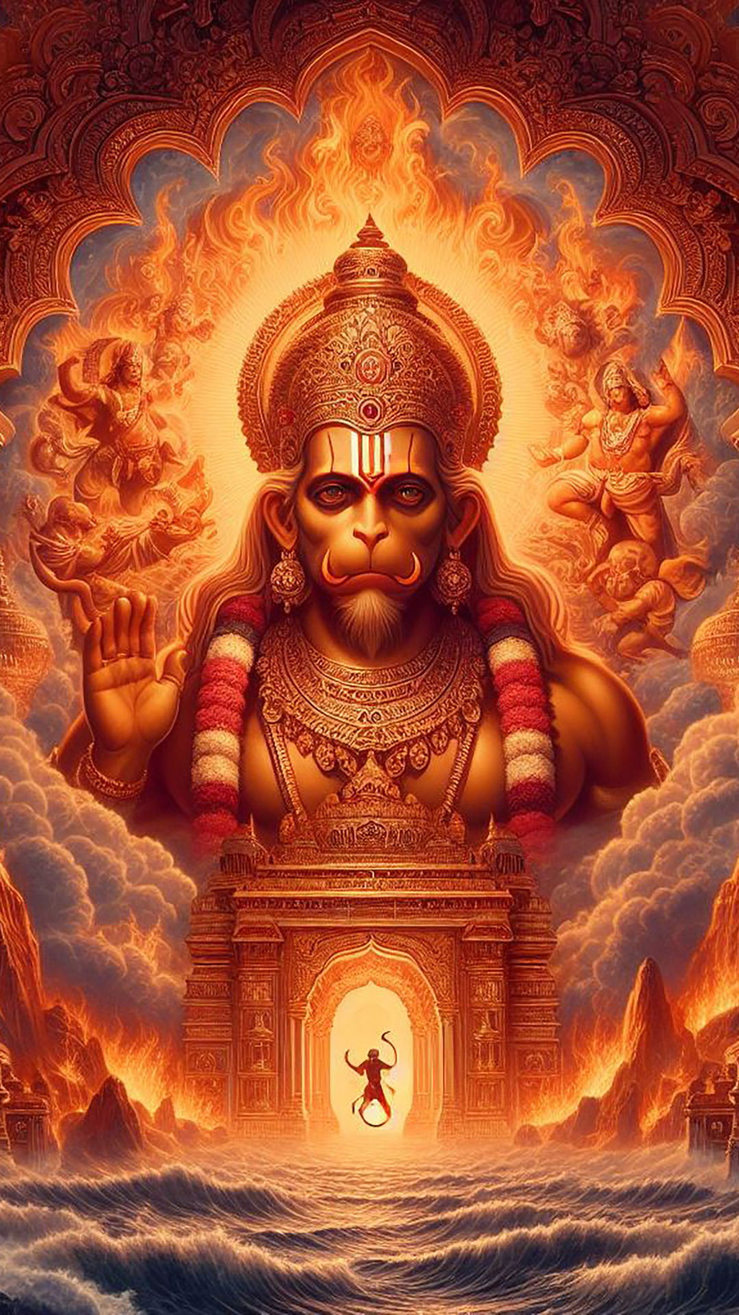 Hanuman amidst fiery landscape, divine