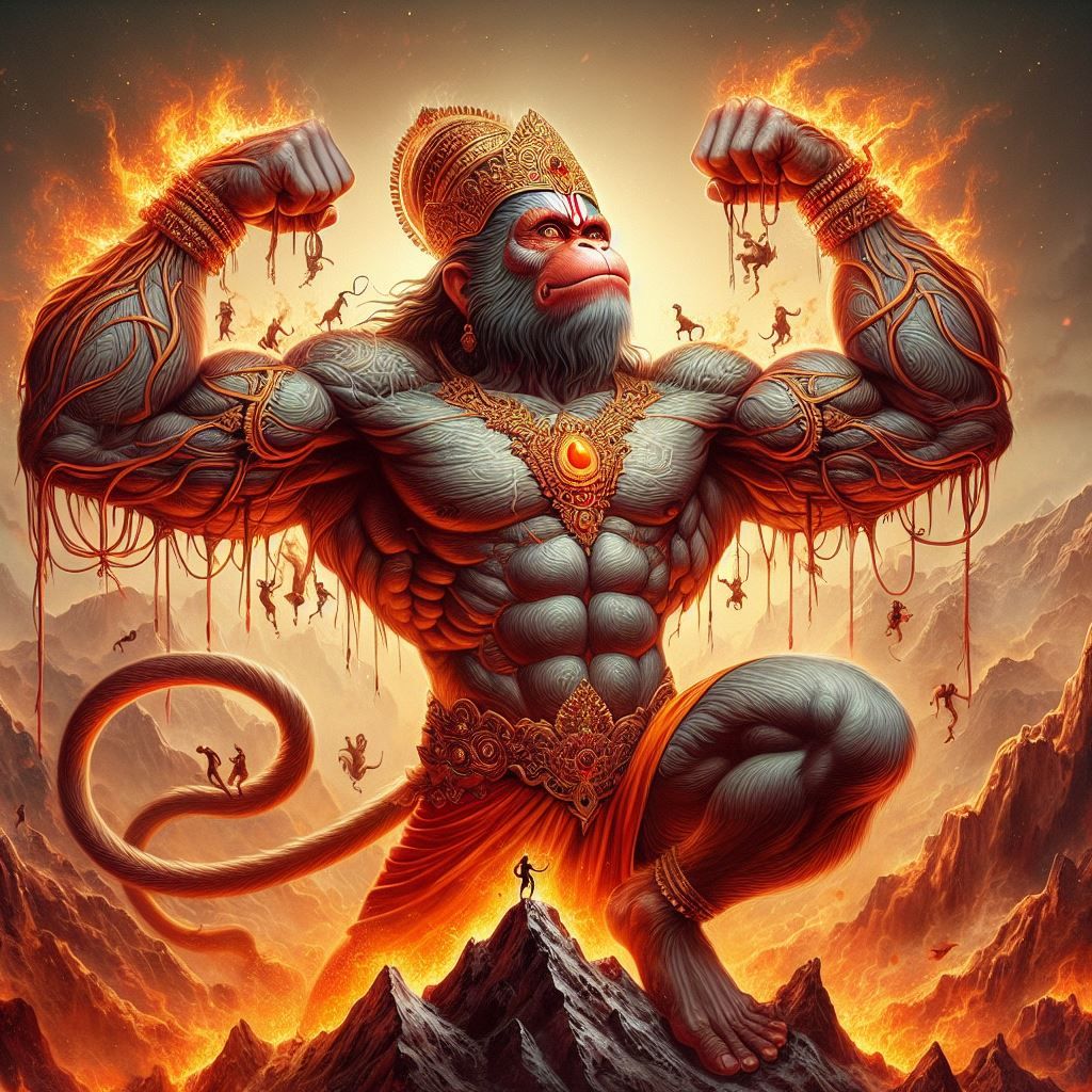 Powerful Hanuman standing on a mountain.
