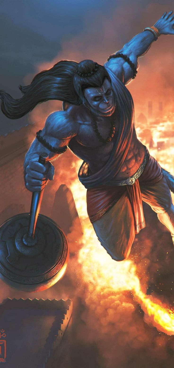 Hanuman leaps with mace, fiery battle