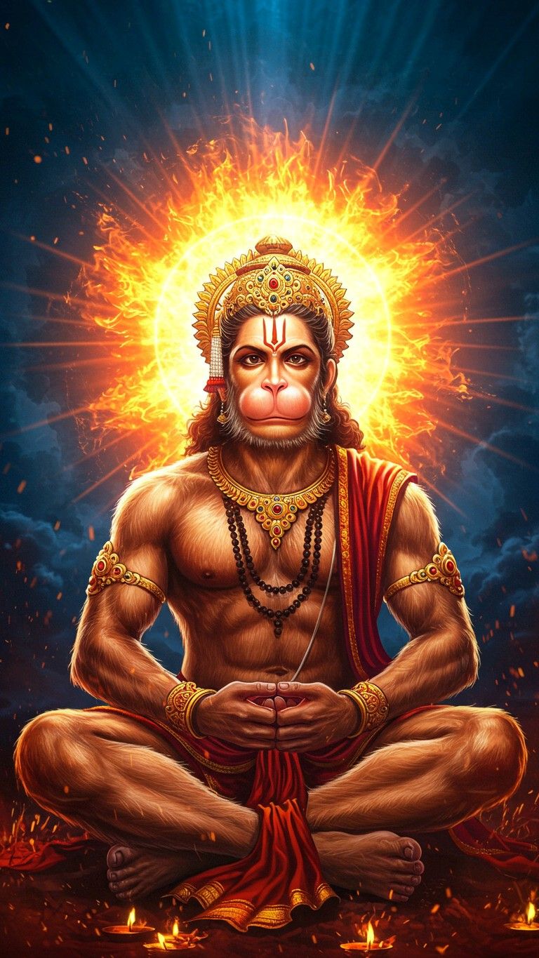 Meditating Hanuman with fiery halo