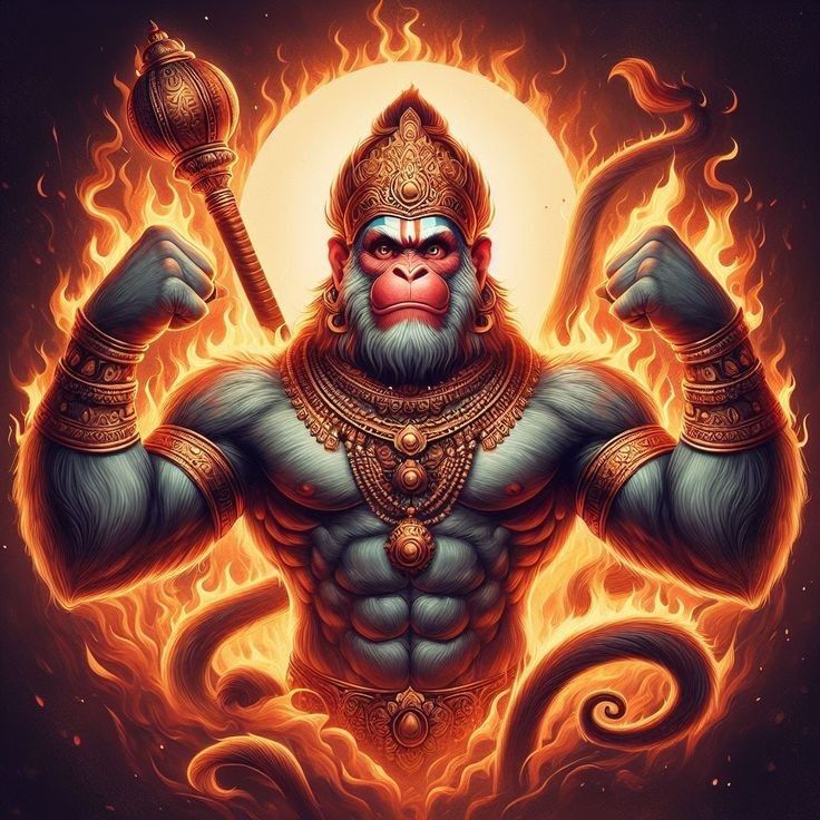 Powerful Hanuman with mace, fiery background
