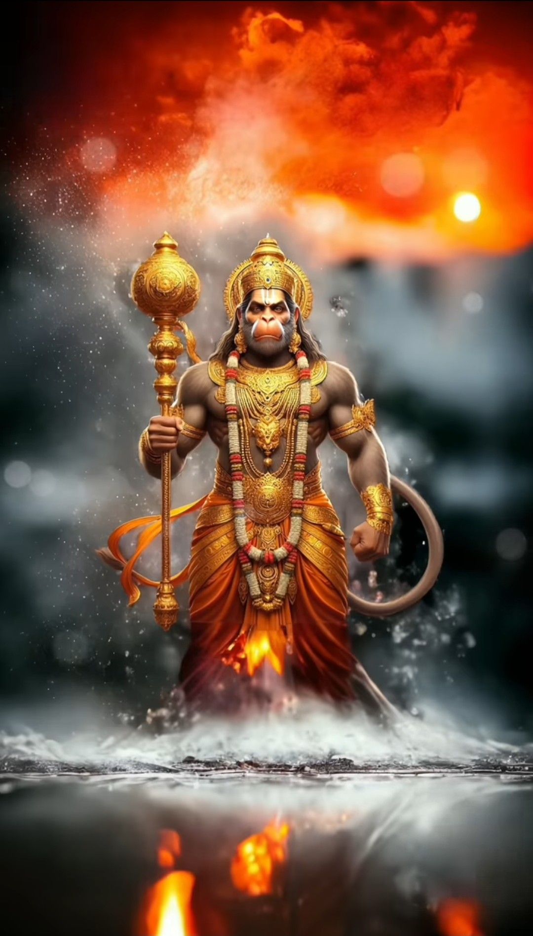Powerful Hanuman with golden mace stands firm.