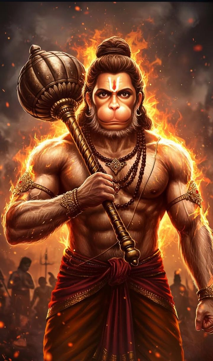 Powerful Hanuman with mace, fiery background.