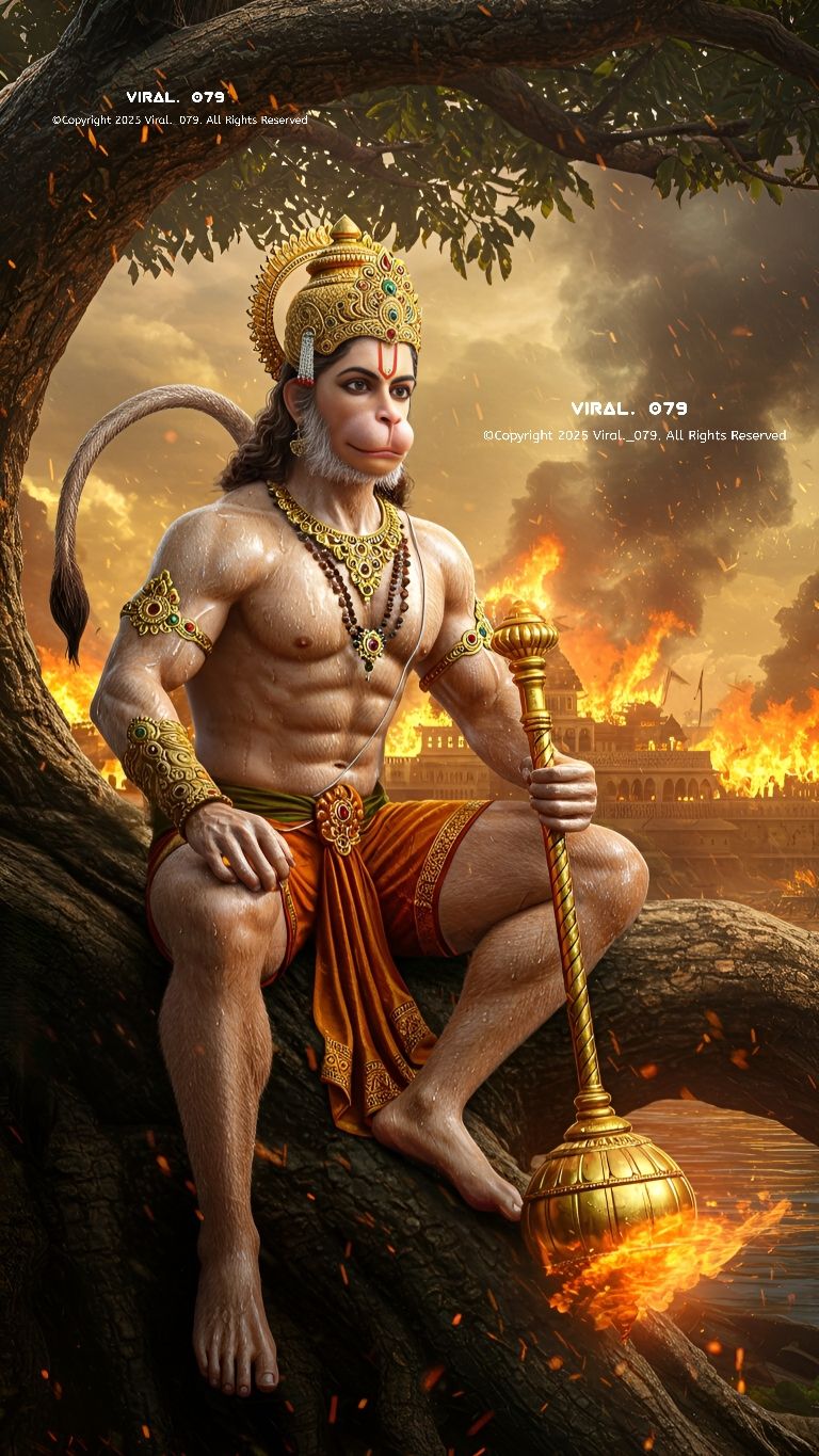 Hanuman stands amidst a burning city.