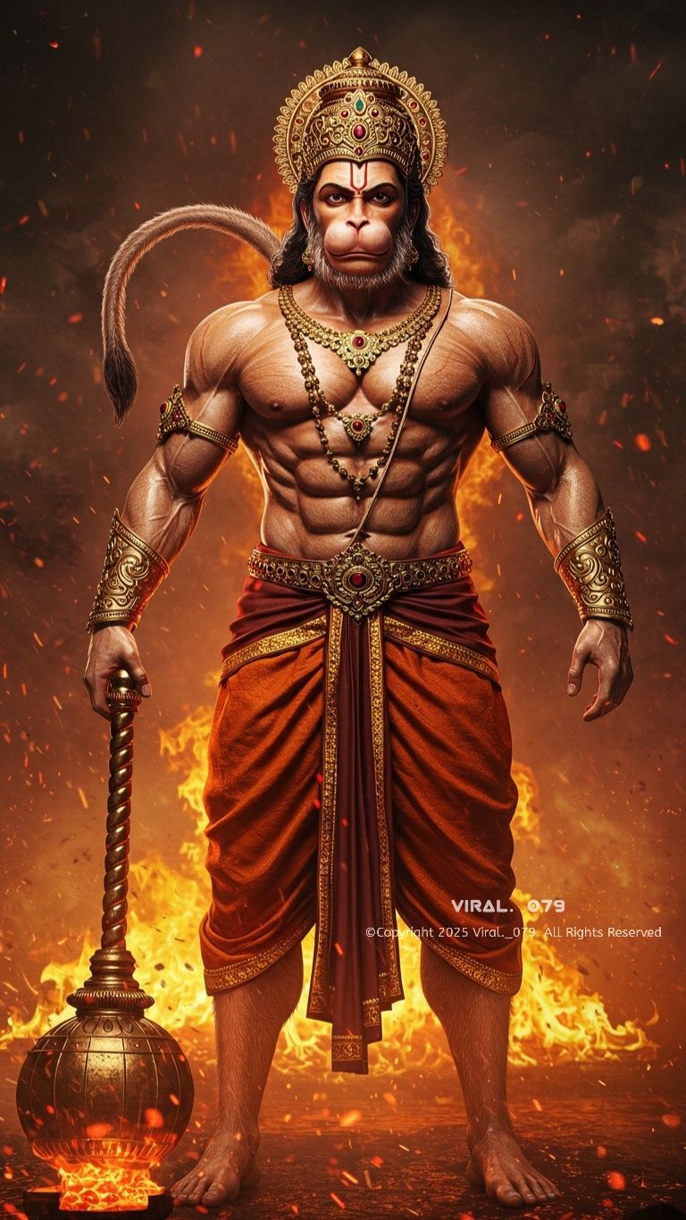 Powerful Hanuman with mace, divine warrior.