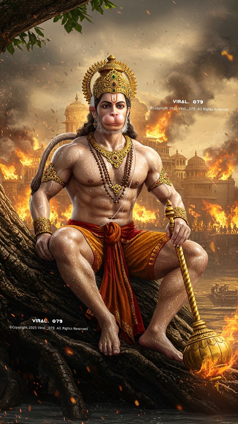 Hanuman stands amidst a fiery landscape