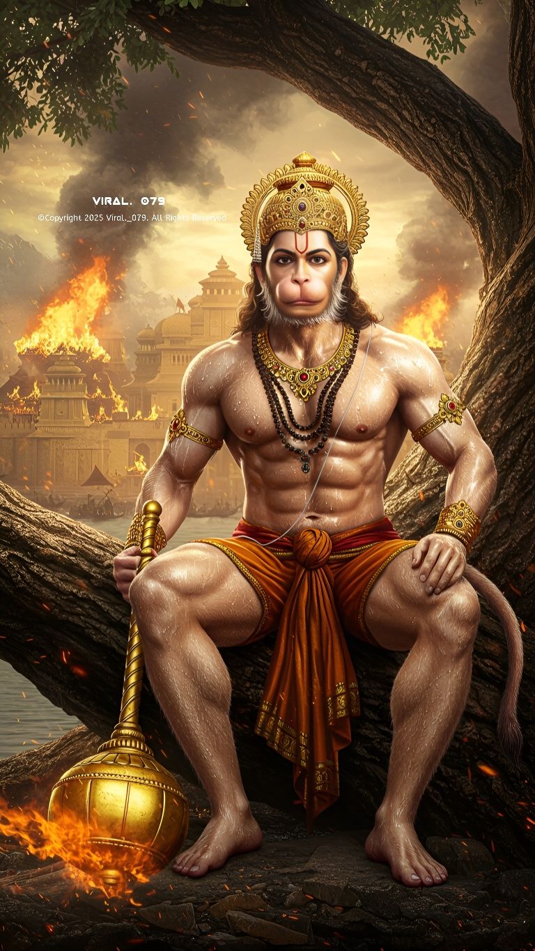 Hanuman poised amid the burning Lanka.