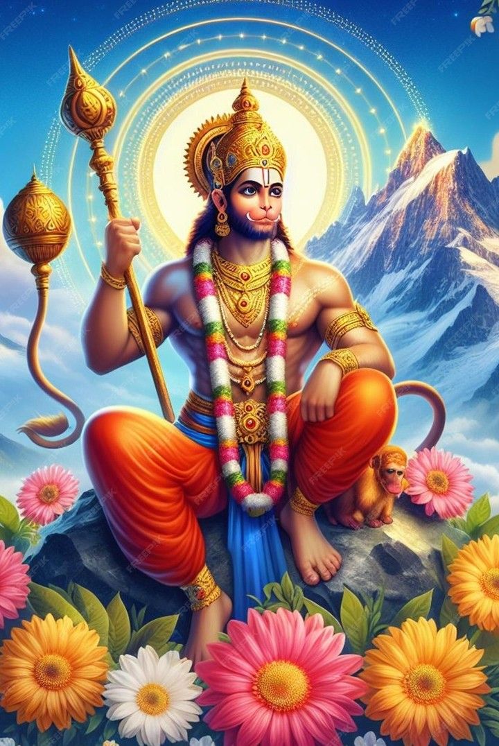 Hanuman seated amidst vibrant flowers.