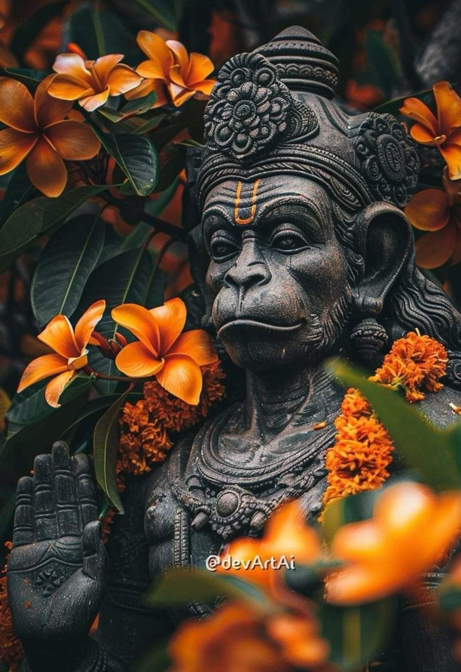 Hanuman statue amidst orange flowers