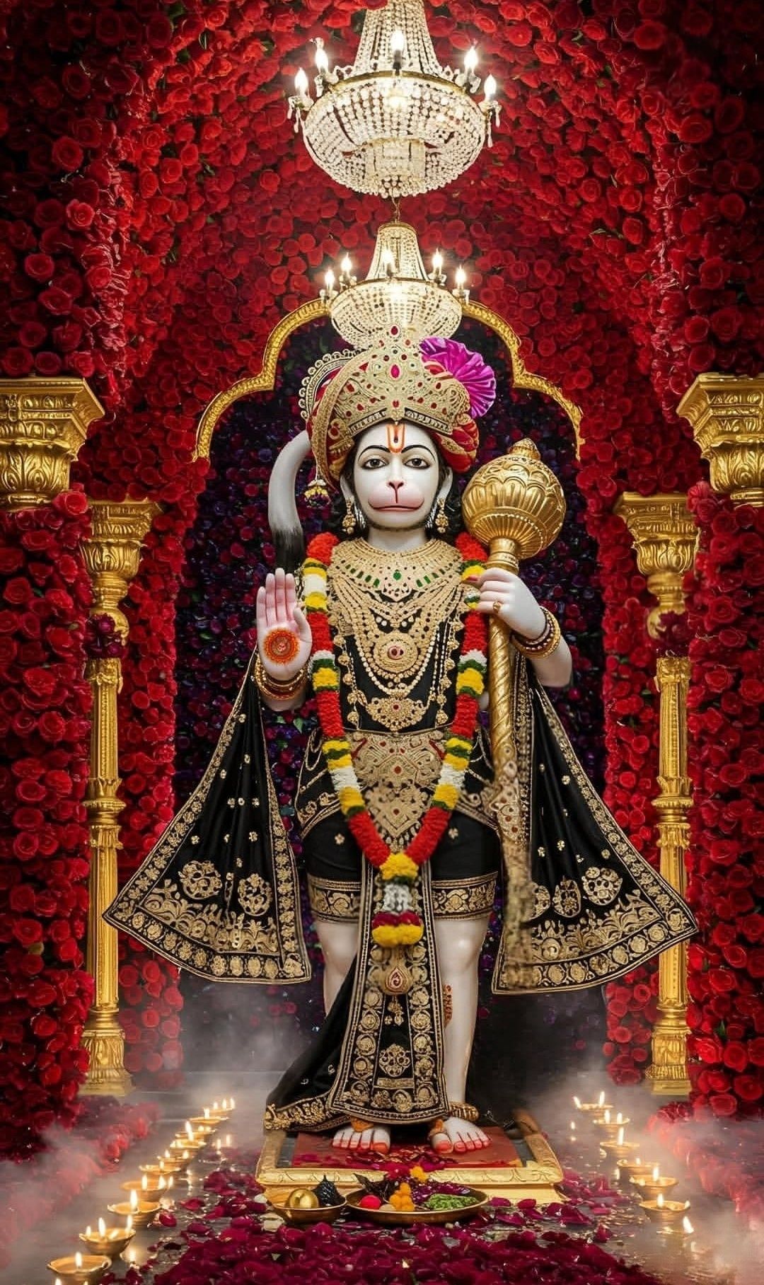 Hanuman idol surrounded by red flowers